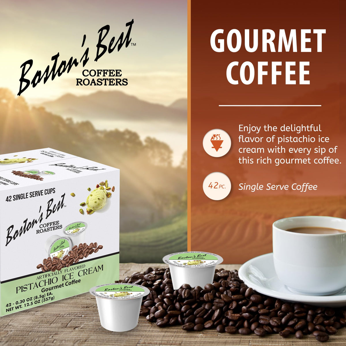Boston's Best pistachio ice cream flavored coffee pods for quick single-serve enjoyment