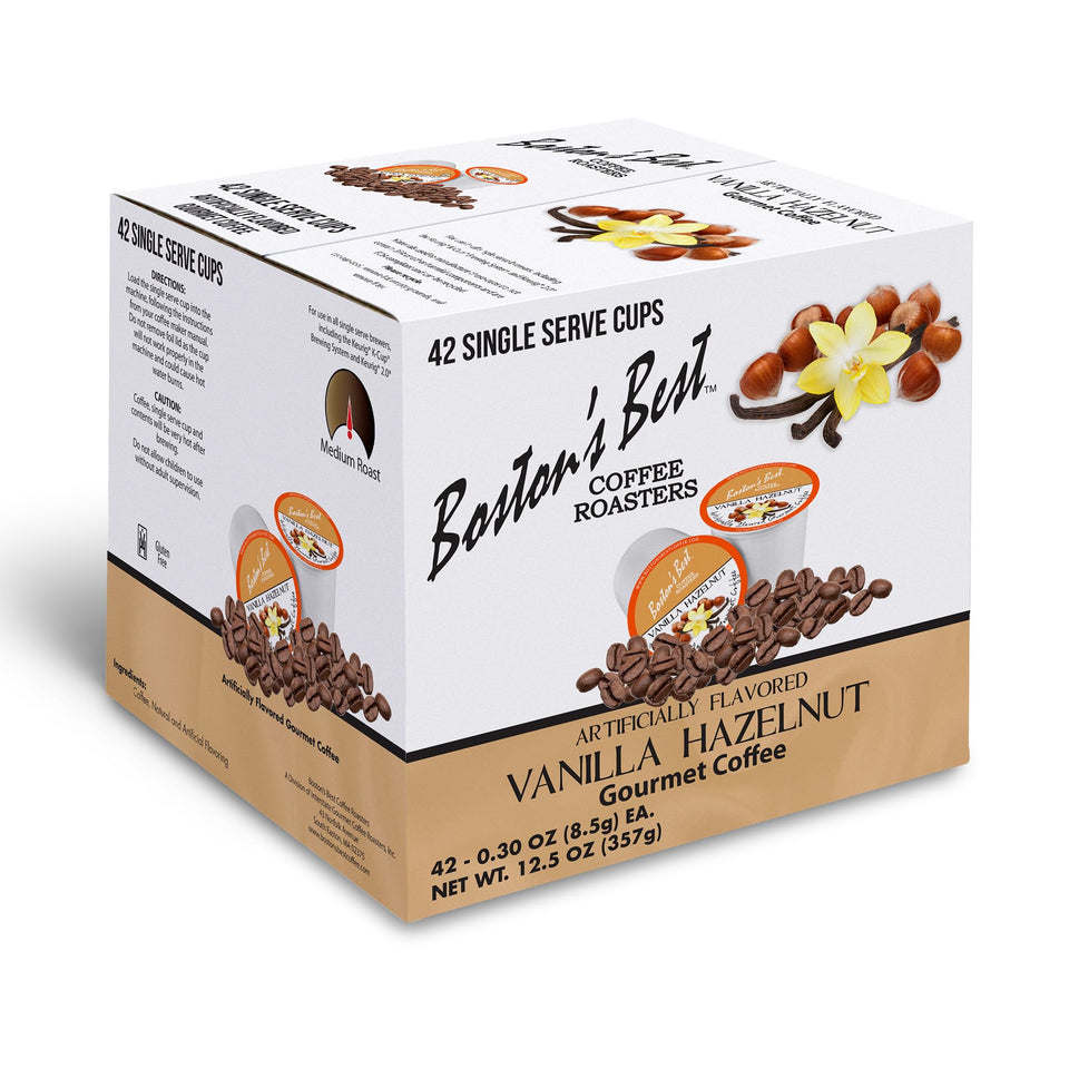 Boston’s Best Vanilla Hazelnut coffee cups on the counter for quick Keurig mornings.