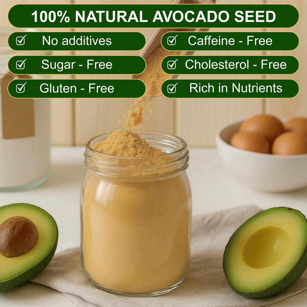 BOTAMONY avocado seed powder being poured into a smoothie for a subtle boost