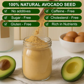 BOTAMONY avocado seed powder being poured into a smoothie for a subtle boost