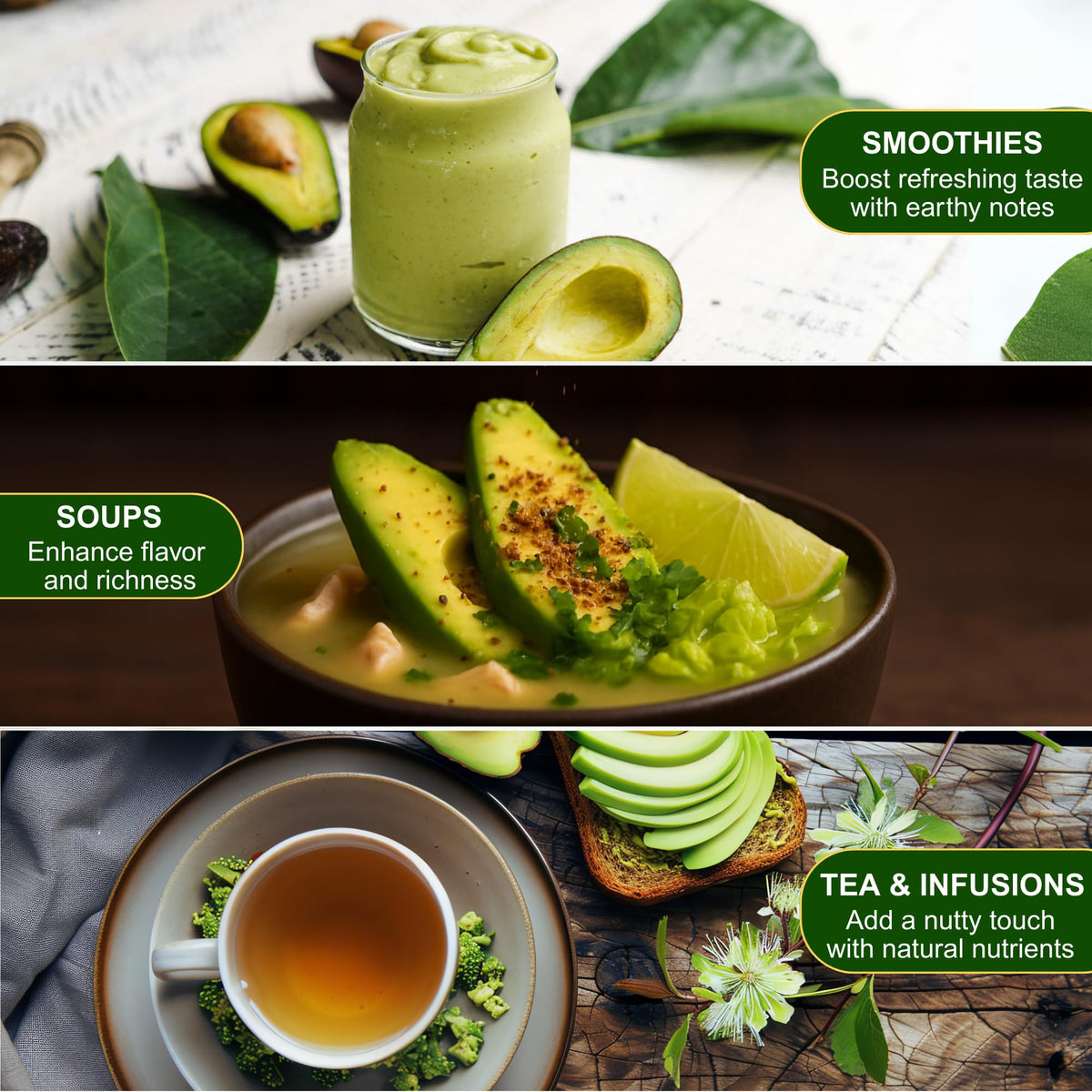 BOTAMONY avocado seed powder sprinkled on salad dressing for extra nutrition