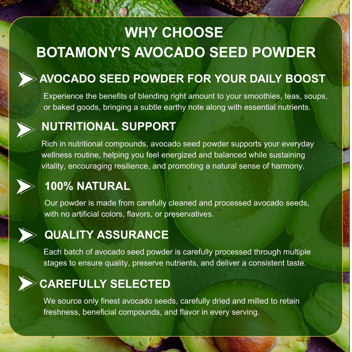 BOTAMONY avocado seed powder stirred into tea or hot beverage