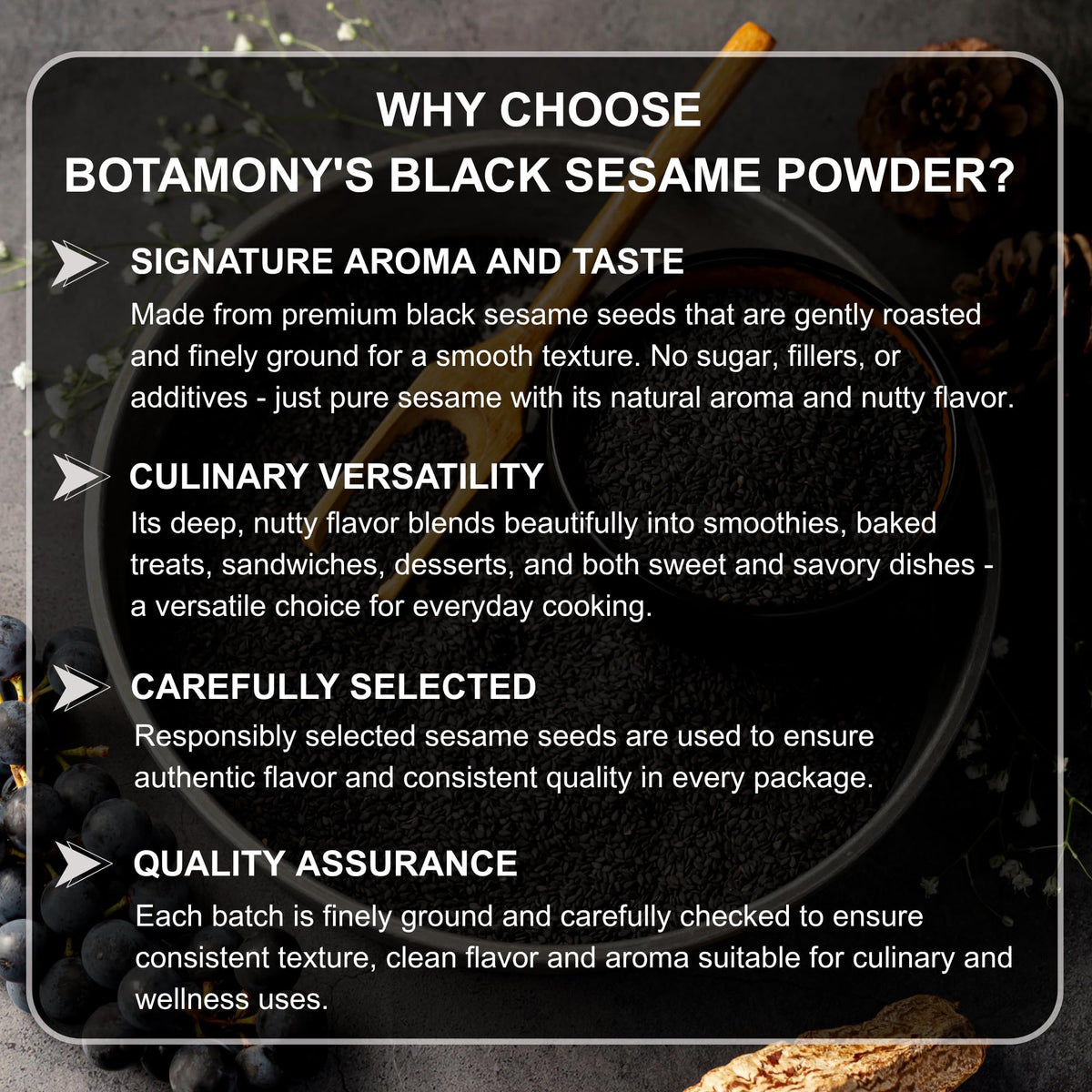BOTAMONY black sesame powder in baking setup ready for cookies and pastries.