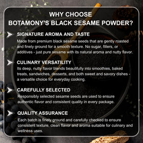 BOTAMONY black sesame powder in baking setup ready for cookies and pastries.
