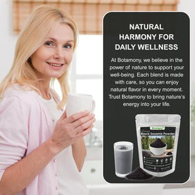 BOTAMONY gluten-free vegan black sesame powder in spoon, signaling clean ingredients.