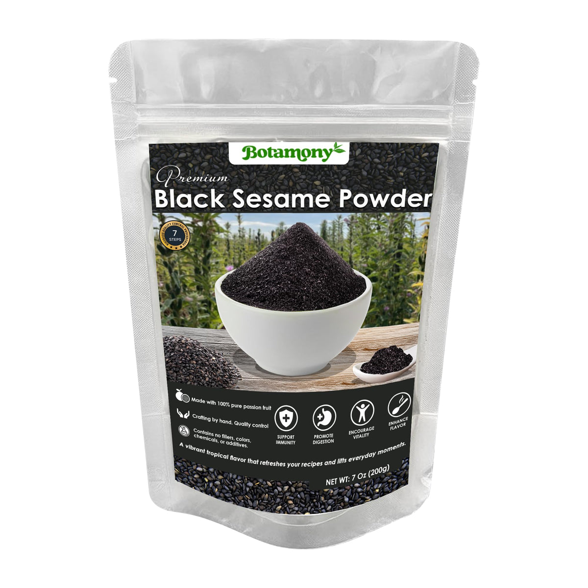 BOTAMONY black sesame powder packaging shows premium seeds for pantry storage and easy pouring.