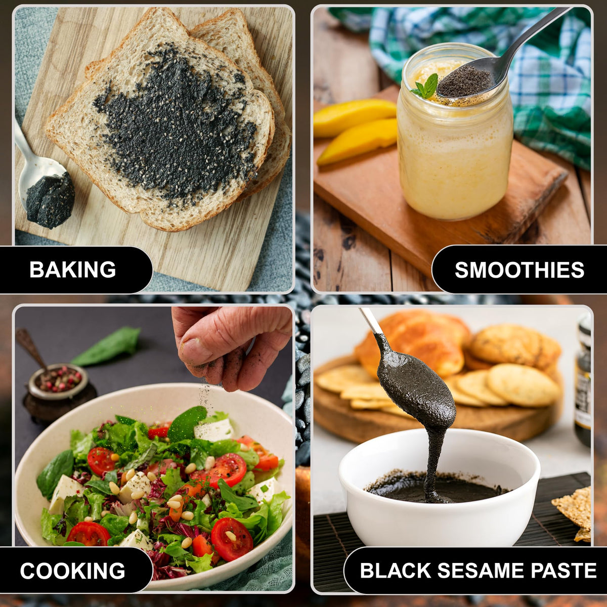 BOTAMONY black sesame powder pouring into a smoothie for protein and fiber boost.
