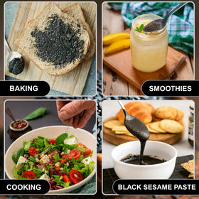 BOTAMONY black sesame powder pouring into a smoothie for protein and fiber boost.