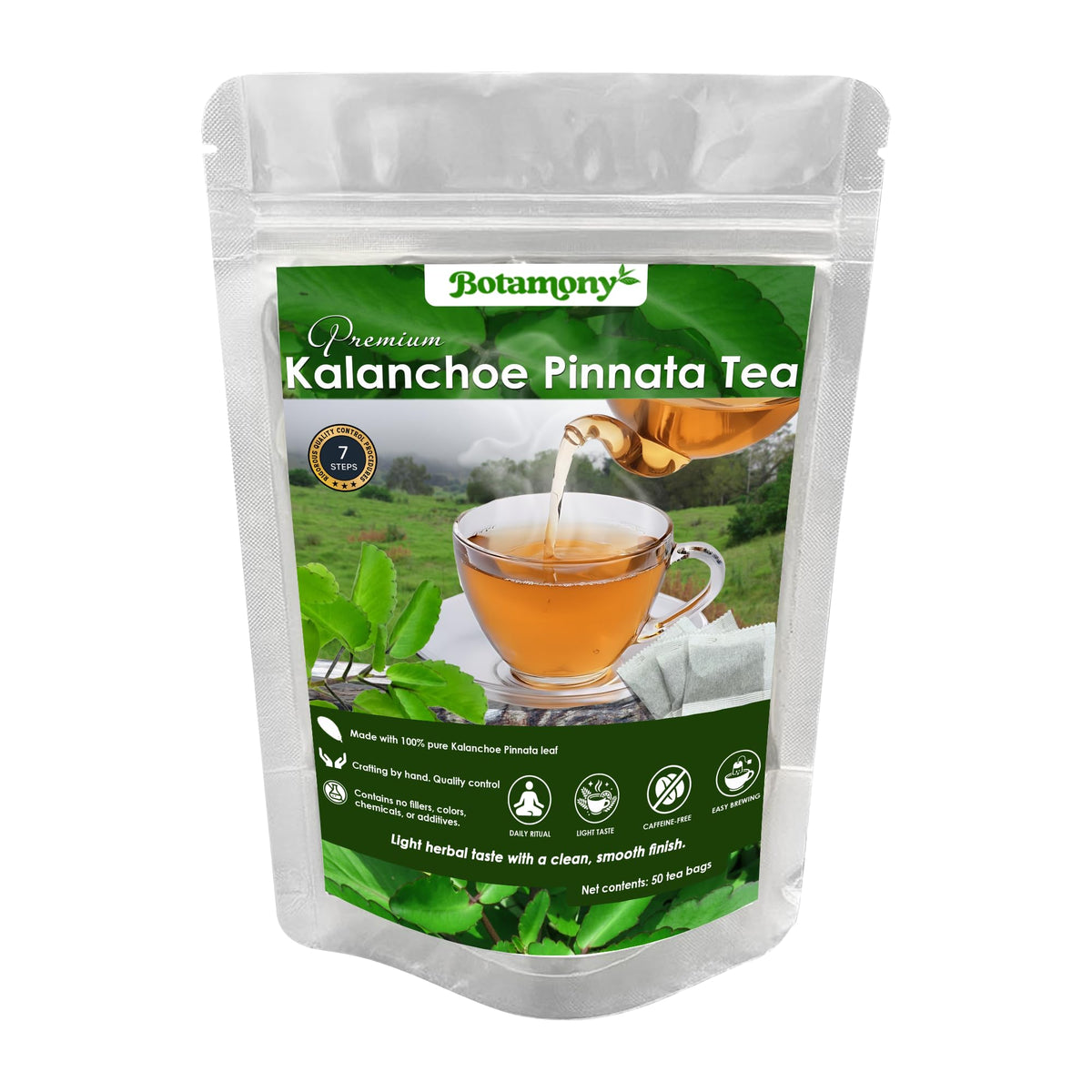 BOTAMONY Kalanchoe pinnata tea bag close-up showing natural dried leaves ready to brew