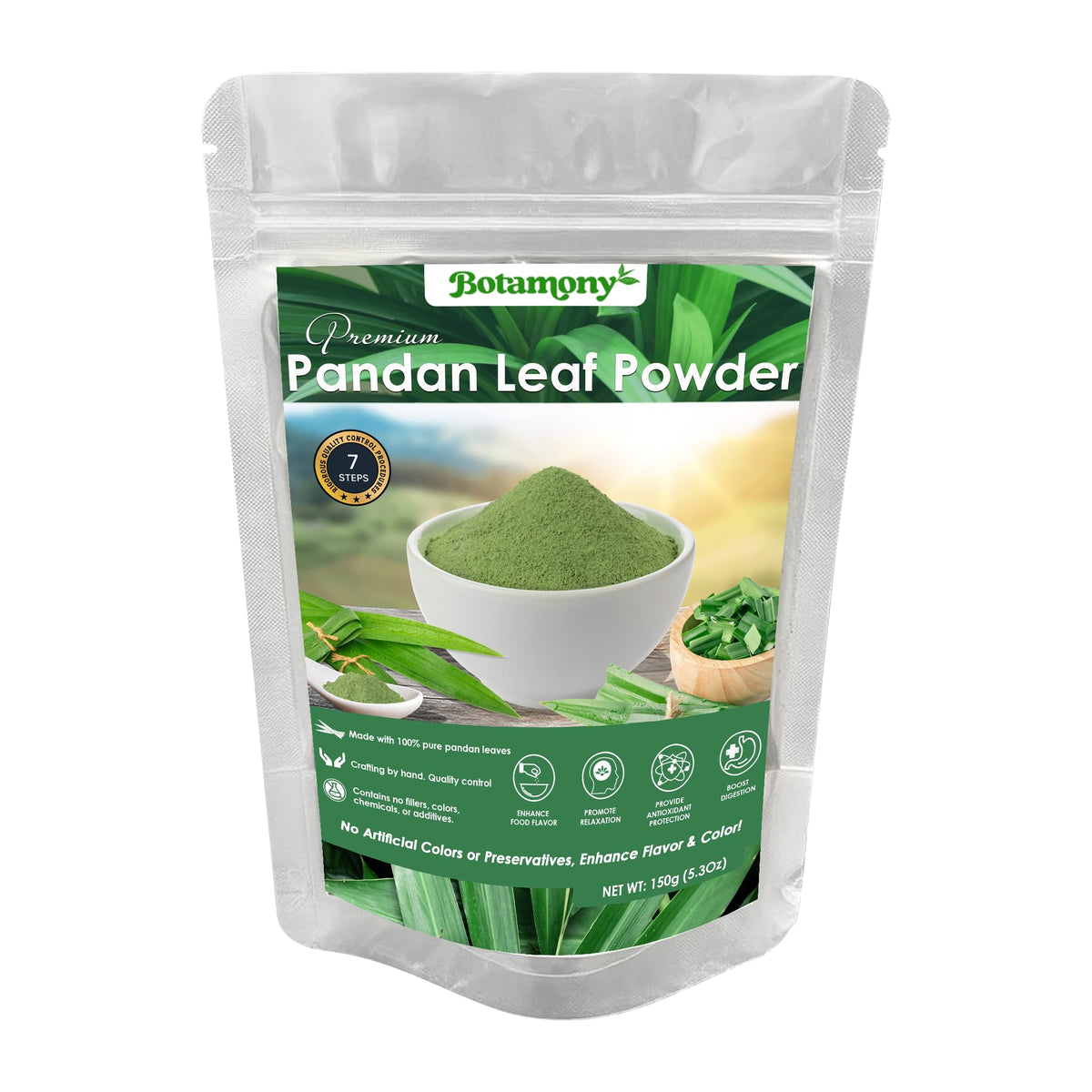 BOTAMONY Pandan Leaf Powder packaging showcases natural sourcing and premium freshness for cooking