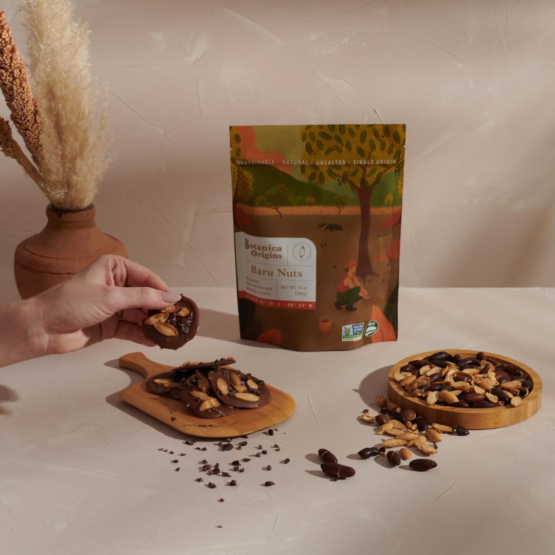 Botanica Origins Baru Nuts wild harvested kernels in a rustic display for trail mix