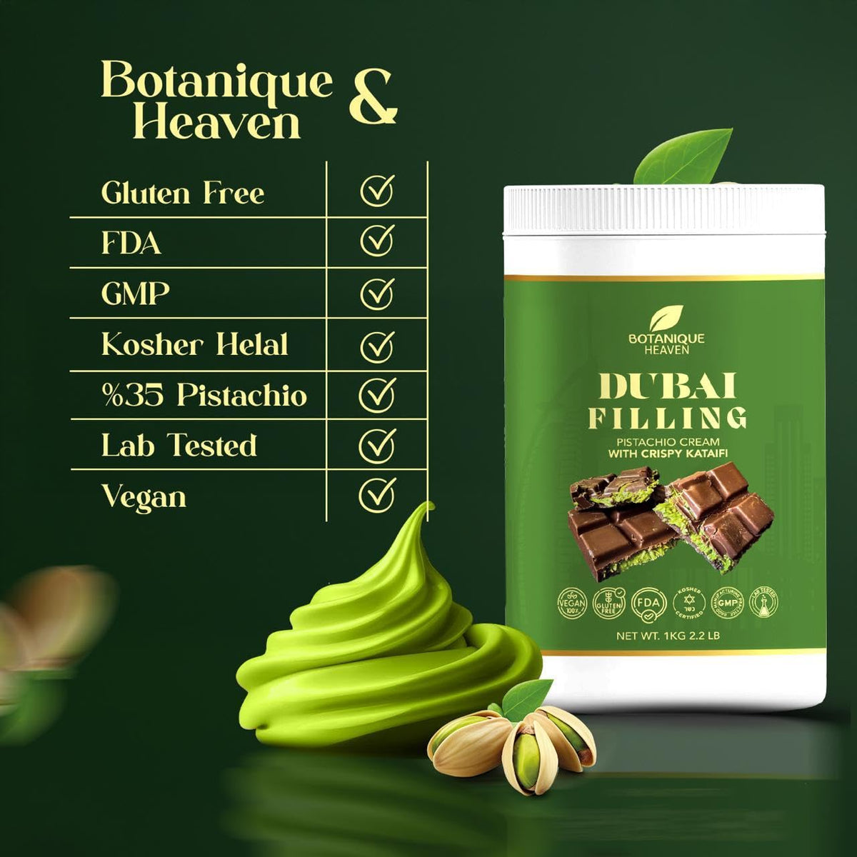 Crepes topped with Botanique Heaven pistachio cream and kataifi