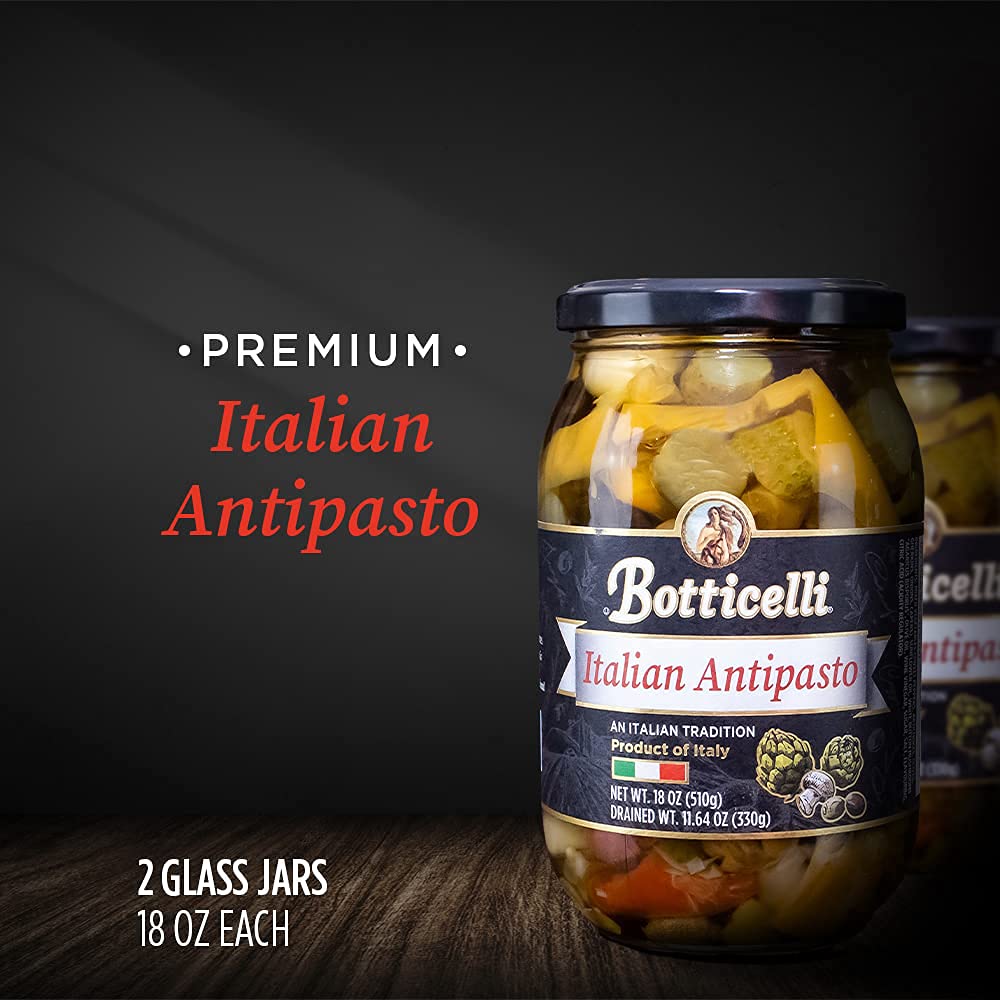 Botticelli antipasto jar close-up highlights fresh artichokes, olives, and mushrooms ready to enjoy