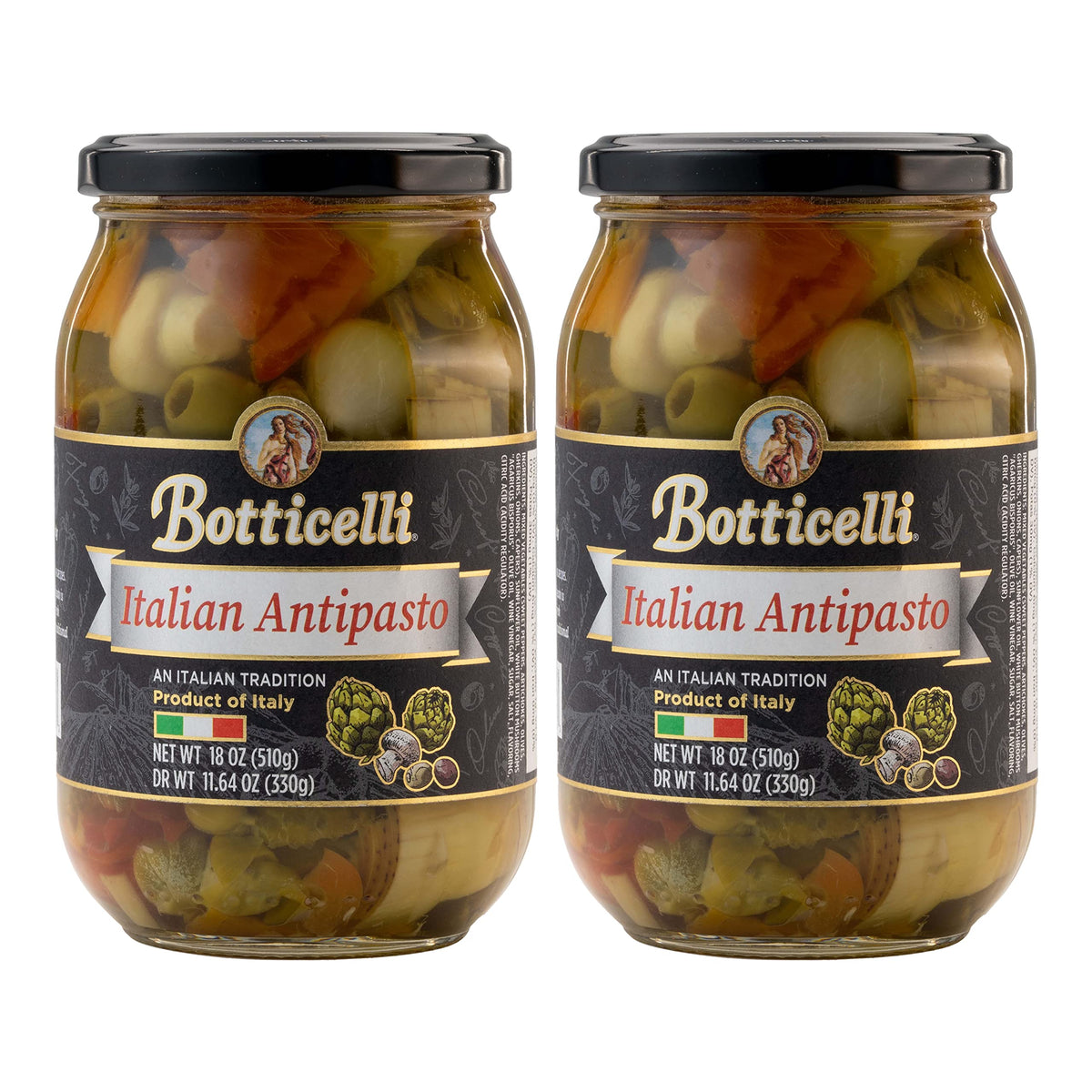 Botticelli antipasto jar label shows artichoke, olives and mushrooms for premium Italian flavor