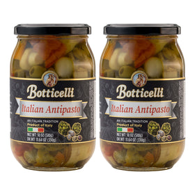 Botticelli antipasto jar label shows artichoke, olives and mushrooms for premium Italian flavor
