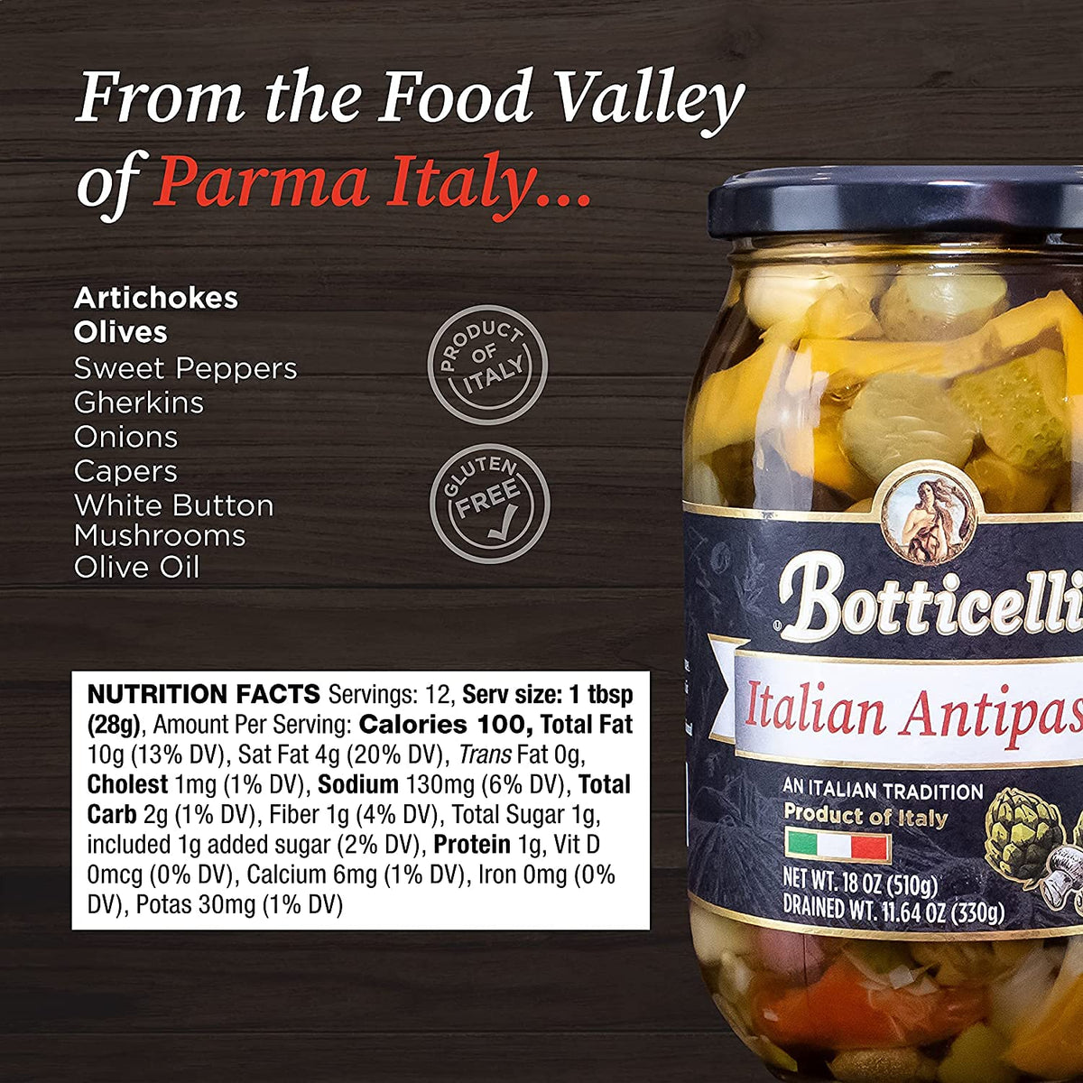 Botticelli antipasto jar served on plate for quick antipasto plates and gatherings