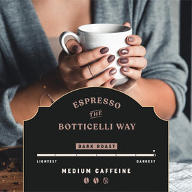 Botticelli Espresso Blend cup with steam delivers bold flavor.