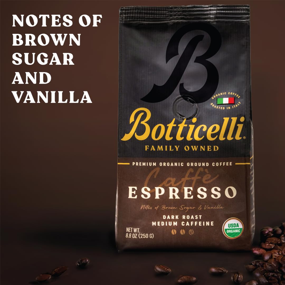 Botticelli Espresso Blend espresso shot showcases a deep roast.