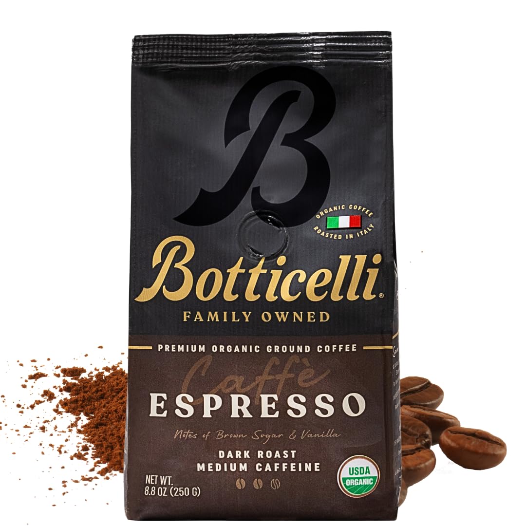 Botticelli Espresso Blend ground coffee bag with rich aroma.
