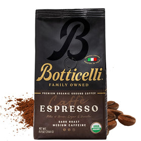 Botticelli Espresso Blend ground coffee bag with rich aroma.