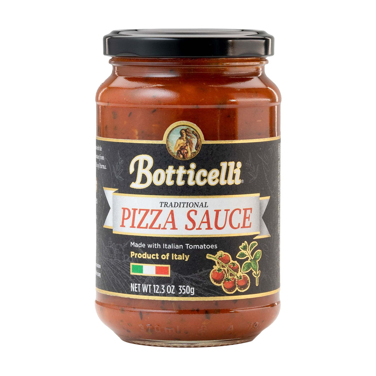 Botticelli pizza sauce bottle label on pantry shelf, authentic Italian flavor.