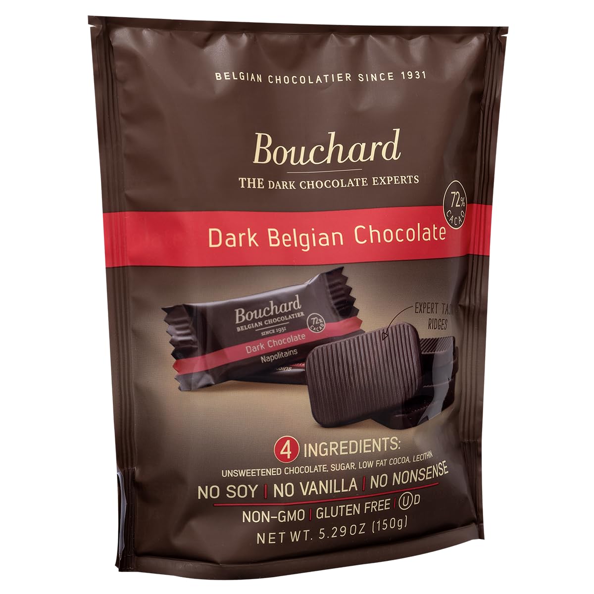 Close-up of Bouchard 72% cacao bar showing a glossy finish