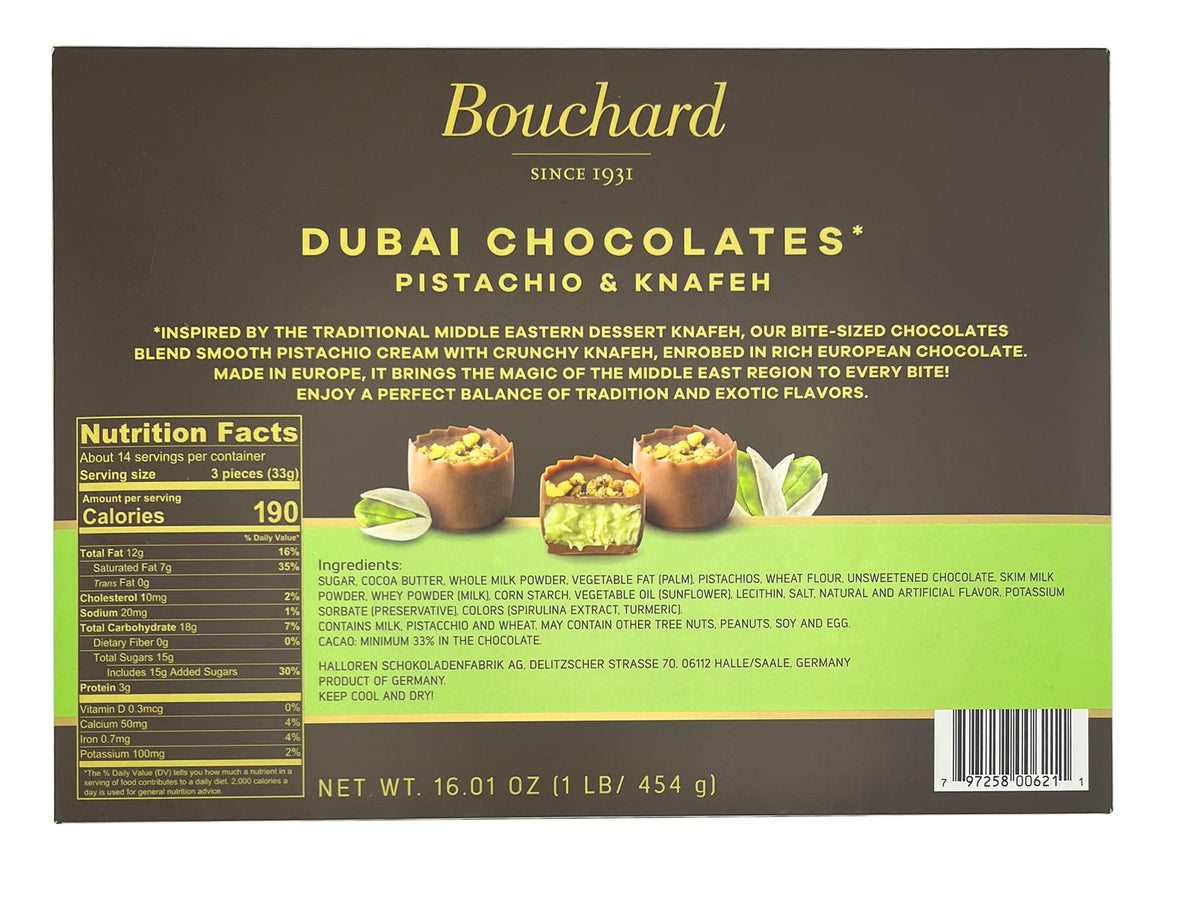 Bouchard Dubai Chocolates cubes highlight pistachio and knafeh flavors.