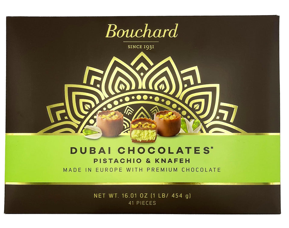 Bouchard Dubai Chocolates pistachio and knafeh center, ideal for gifting.