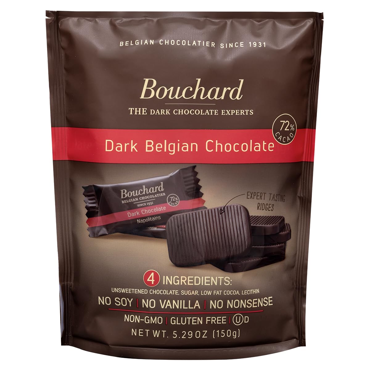 Bouchard premium Belgian dark chocolate 72% bar with a silky melt