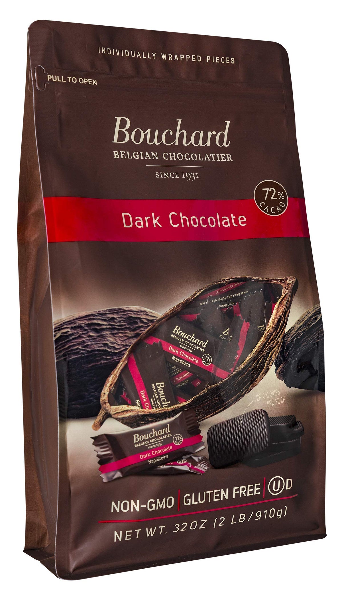 Bouchard premium Belgian dark chocolate close-up showing rich 72% cacao texture