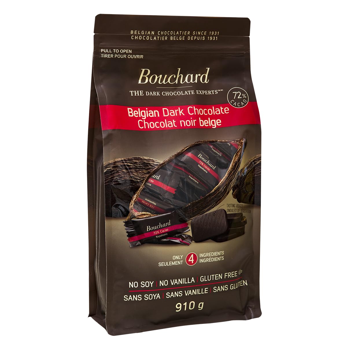 Bouchard 72% cacao close-up showing rich flavor.