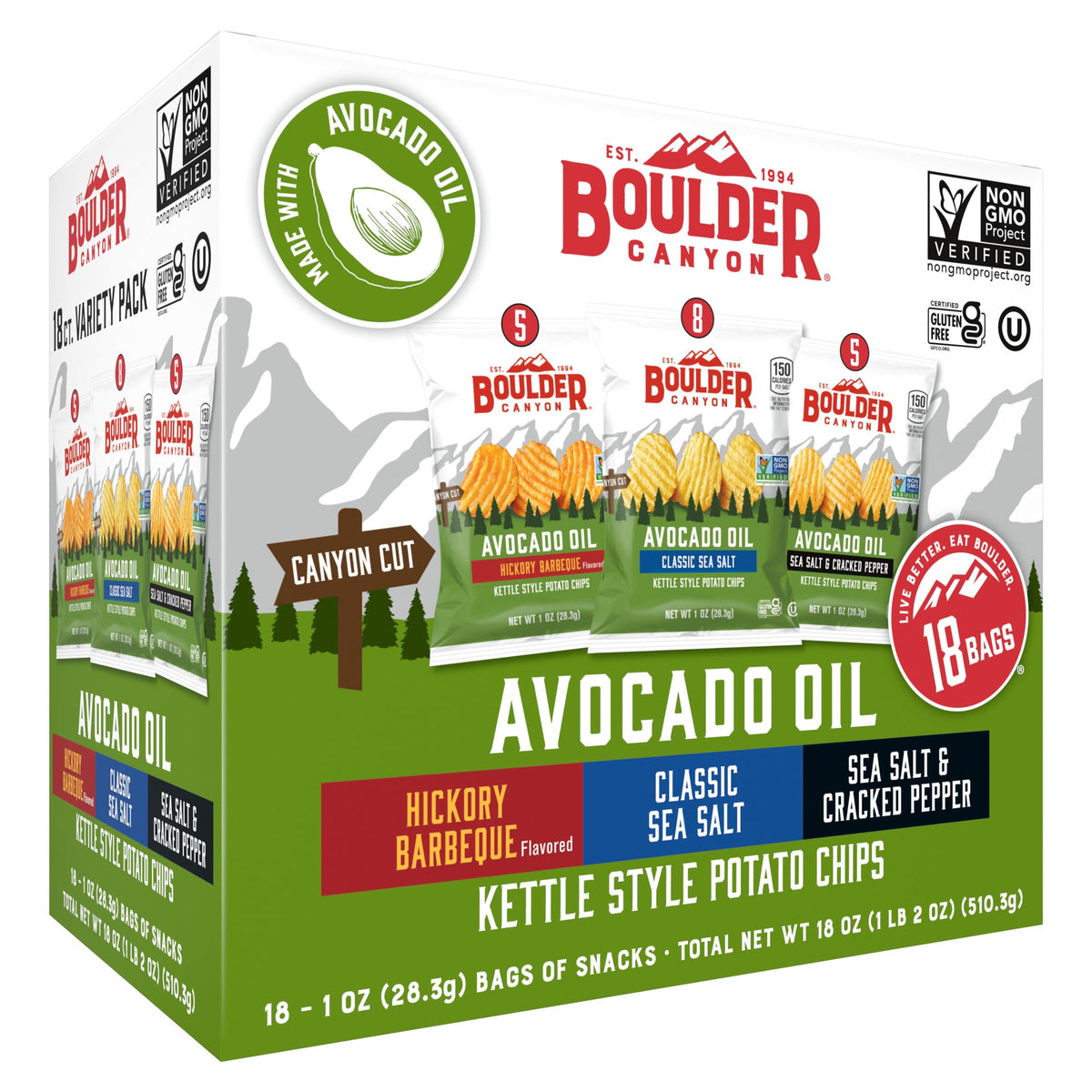 Boulder Canyon Avocado Oil Kettle Chips Classic Sea Salt 1oz bag, ideal for on-the-go snacking.