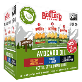 Boulder Canyon Avocado Oil Kettle Chips Classic Sea Salt 1oz bag, ideal for on-the-go snacking.
