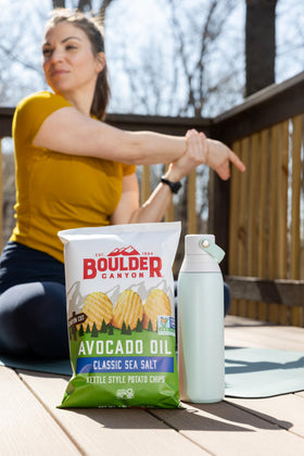 Gluten-free and non-GMO Boulder Canyon chips for mindful snacking.