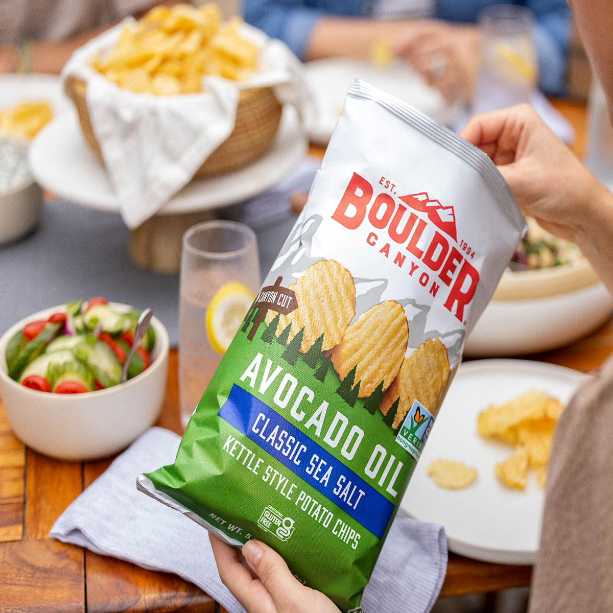 Boulder Canyon Avocado Oil Kettle Chips Sea Salt Cracked Pepper 1oz bag, crunchy flavor for lunch.