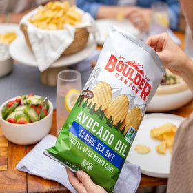 Boulder Canyon Avocado Oil Kettle Chips Sea Salt Cracked Pepper 1oz bag, crunchy flavor for lunch.