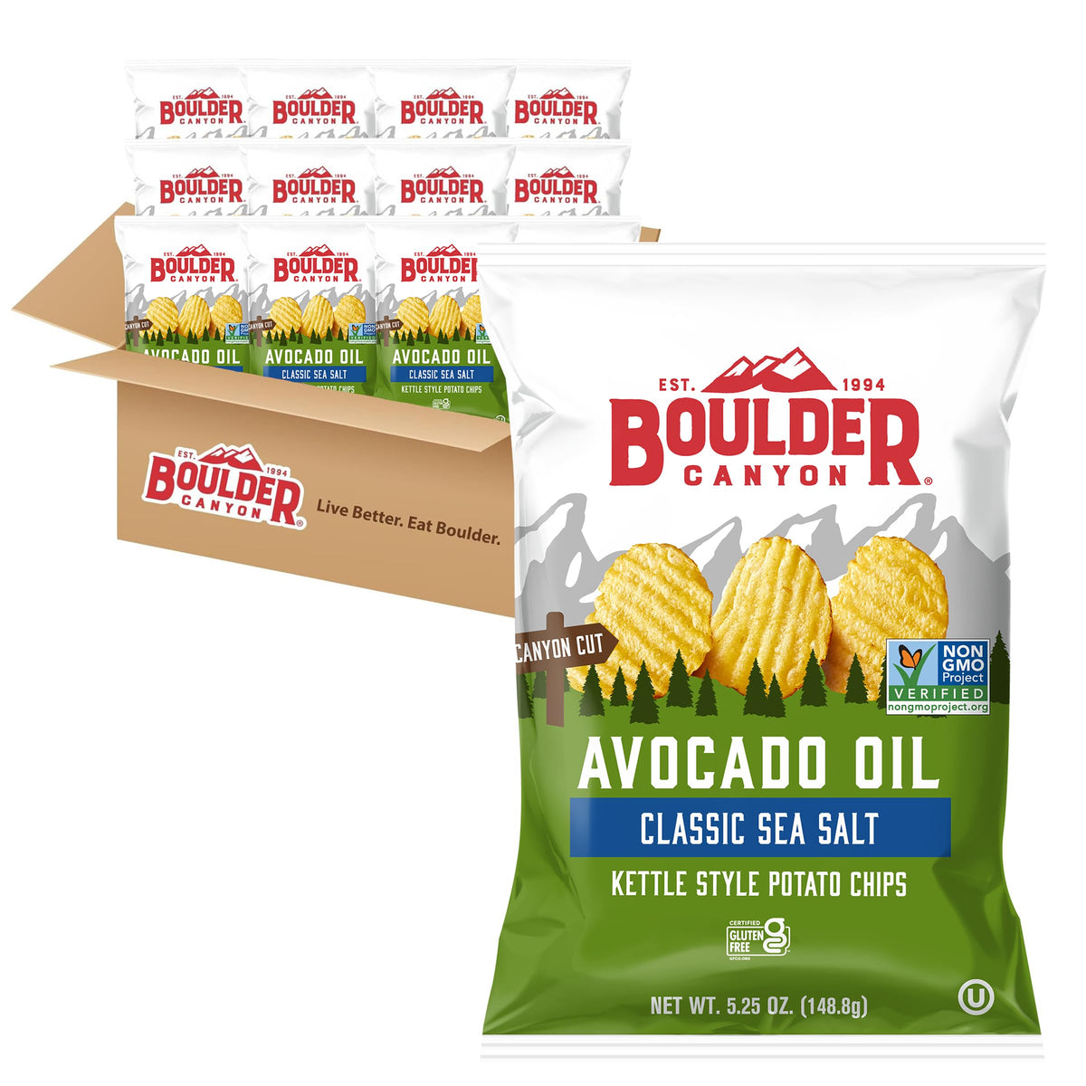 Boulder Canyon sea salt chips with avocado oil, gluten-free, 12-pack on display.