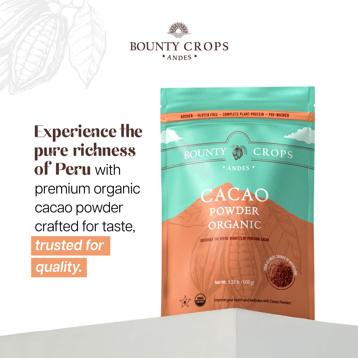 Bounty Crops cacao powder closeup shows premium organic cacao.