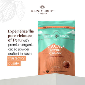 Bounty Crops cacao powder closeup shows premium organic cacao.