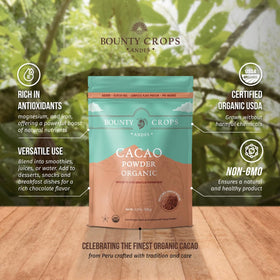 Bounty Crops cacao powder pouring into a glass for drinks.