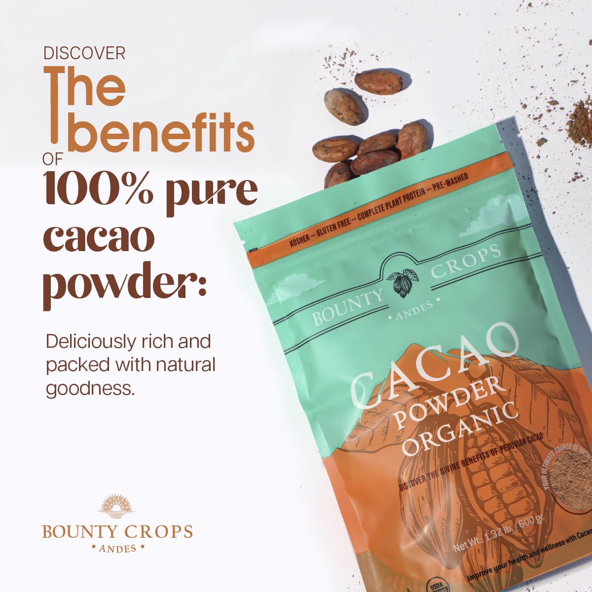 Scoop of Bounty Crops cacao powder shows smooth texture for recipes.