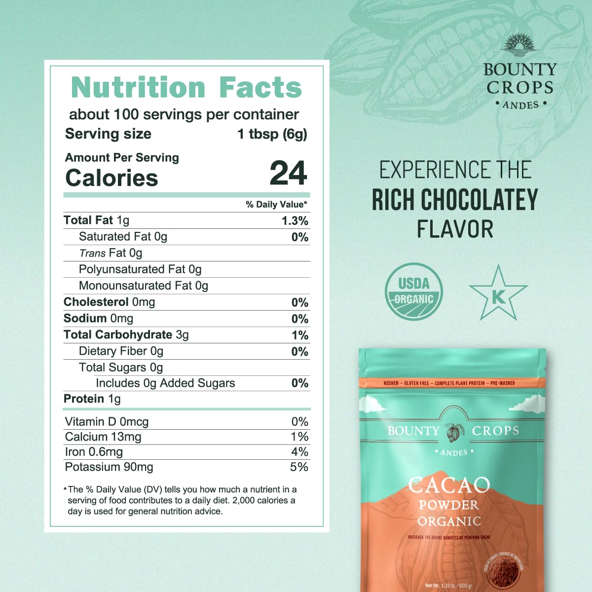 Bounty Crops cacao powder bag, versatile unsweetened flavor for baking.