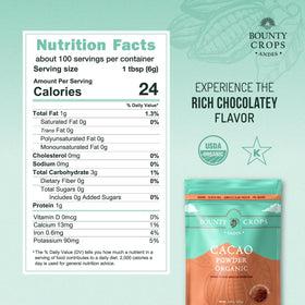 Bounty Crops cacao powder bag, versatile unsweetened flavor for baking.