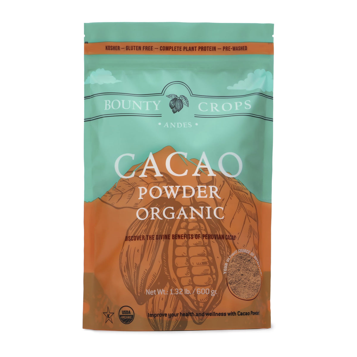 Bounty Crops Organic cacao powder in a jar, rich chocolate aroma for smoothies.