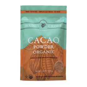 Bounty Crops Organic cacao powder in a jar, rich chocolate aroma for smoothies.