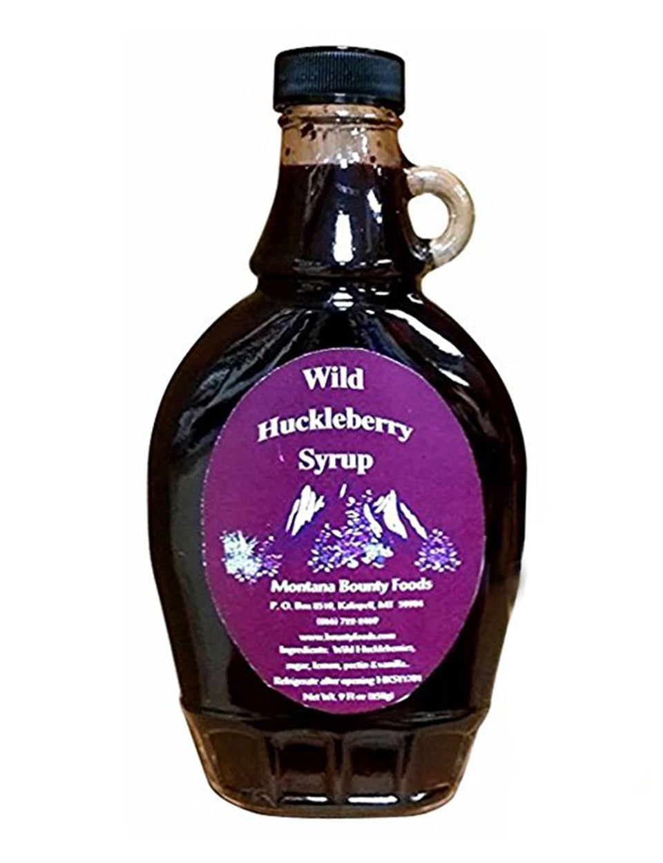 Bounty Foods Montana Huckleberry Syrup bottle with real wild berries for breakfast.