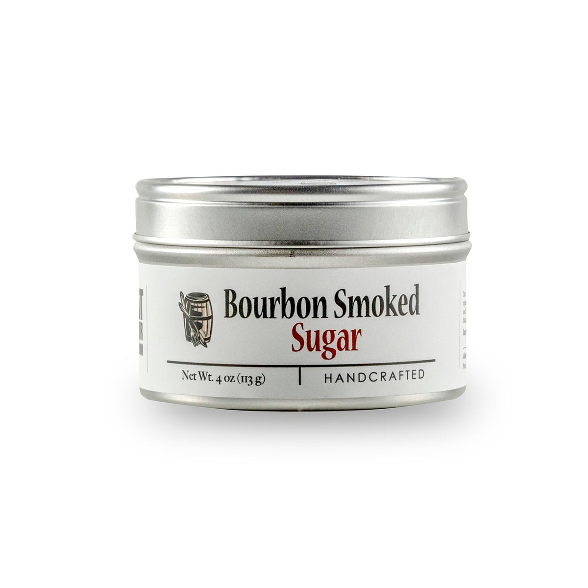 Bourbon Barrel Foods smoked sugar tin visual showcasing rich oak flavor for desserts and drinks