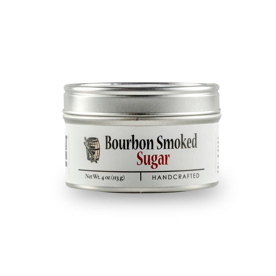 Bourbon Barrel Foods smoked sugar tin visual showcasing rich oak flavor for desserts and drinks