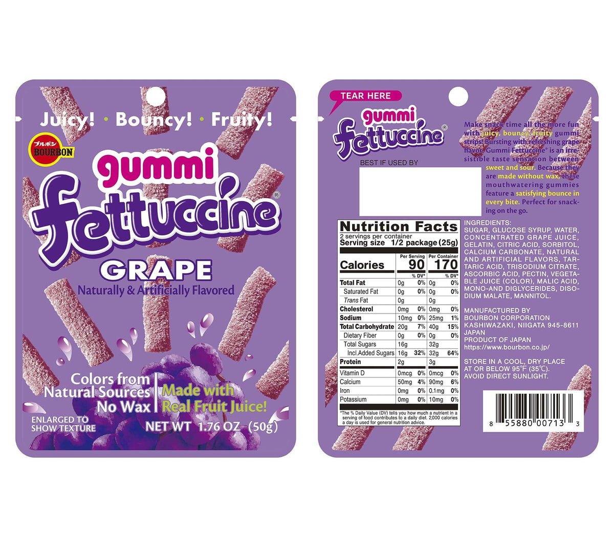 Bourbon Fettuccine Gummi Grape 10-pack front view highlights convenient snacking.