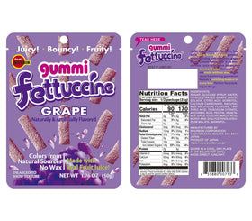 Bourbon Fettuccine Gummi Grape 10-pack front view highlights convenient snacking.
